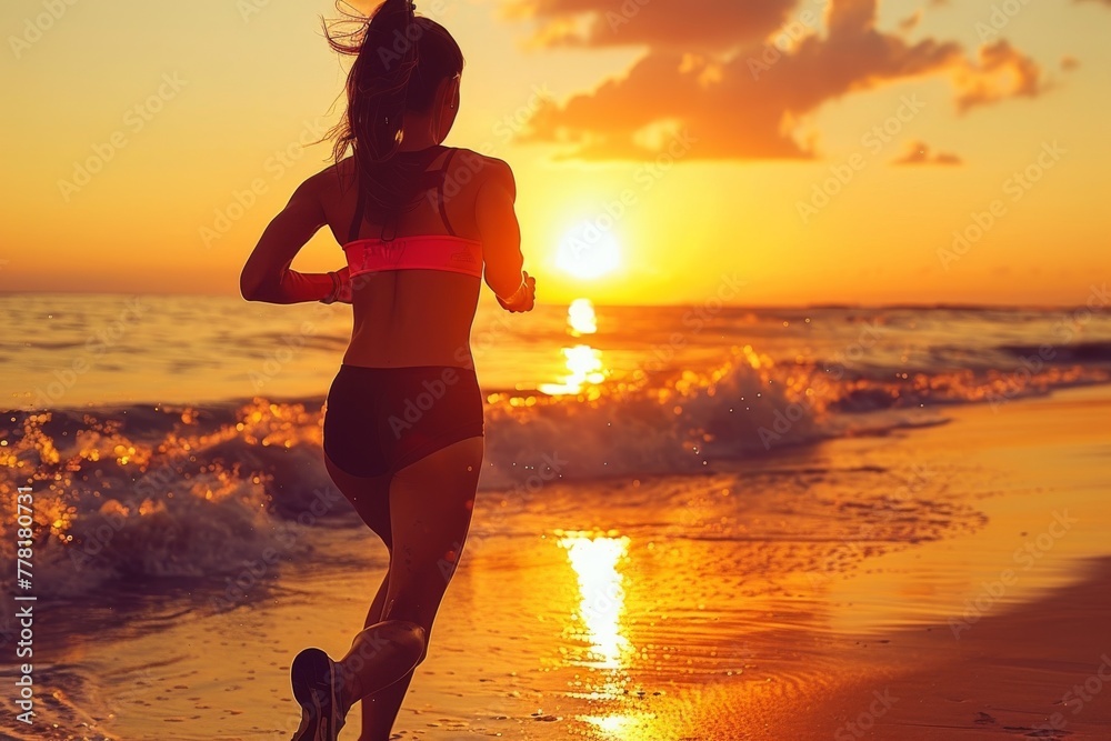 Woman Running on Beach at Sunset