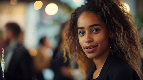 A poised young woman confidently networking at a business event, making meaningful connections that will further her career aspirations © SHAPTOS