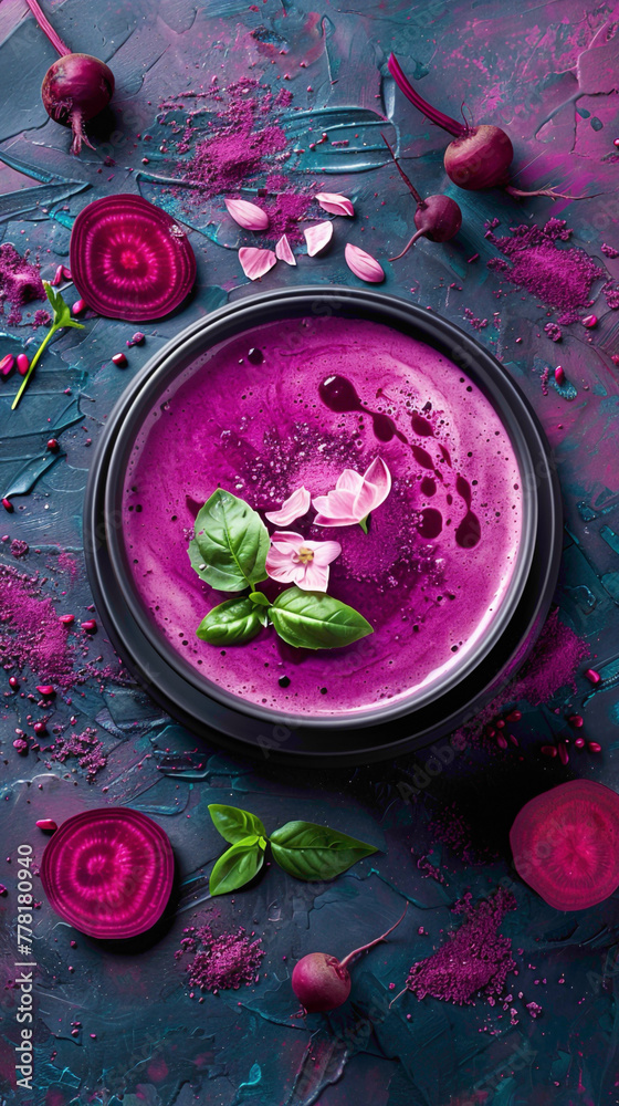 A bowl of vibrant beetroot latte garnished with a beetroot slice