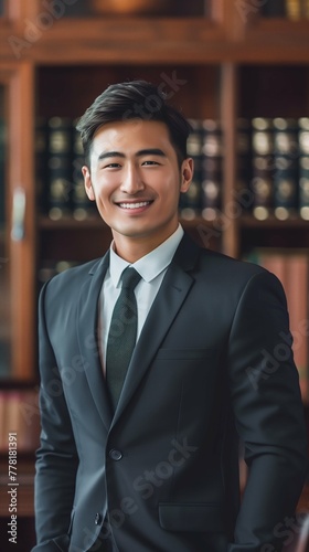 Confident Asian male lawyer wearing a business suit with a tie in courtroom background, Professional attorney portrait, Vertical format (9:16)
