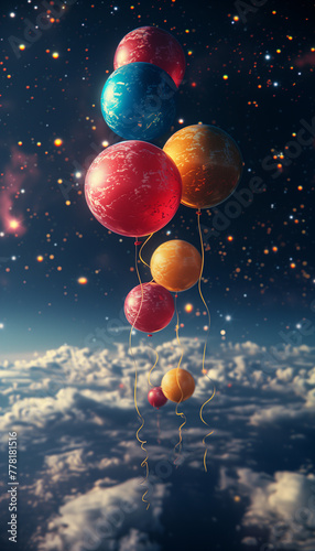 Colorful balloons float above clouds against a starry sky, creating a magical atmosphere.