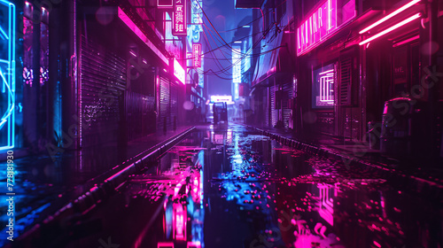 cyberpunk futuristic streets with neon lights and reflections no people, night, city, light, building, lights, street, architecture, cityscape, urban, skyline, business, china, water, traffic, sky