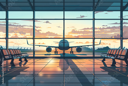 A serene airport scene at sunset, showcasing a plane ready for departure and the beauty of flight photo