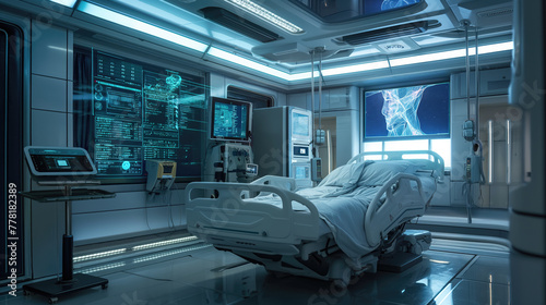 Futuristic room in a hospital with medical equipment and bed. © John_Doo78