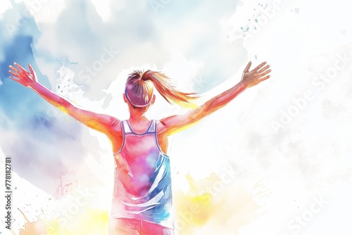 The watercolor illustration depicts a joyful  happy young female athlete with her arms raised in a victorious gesture