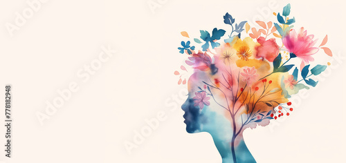 Fototapeta Naklejka Na Ścianę i Meble -  A colorful watercolor silhouette of a woman's head is depicted on a white background. Tree branches grow out of it, flowers penetrating through the hair and blooming around