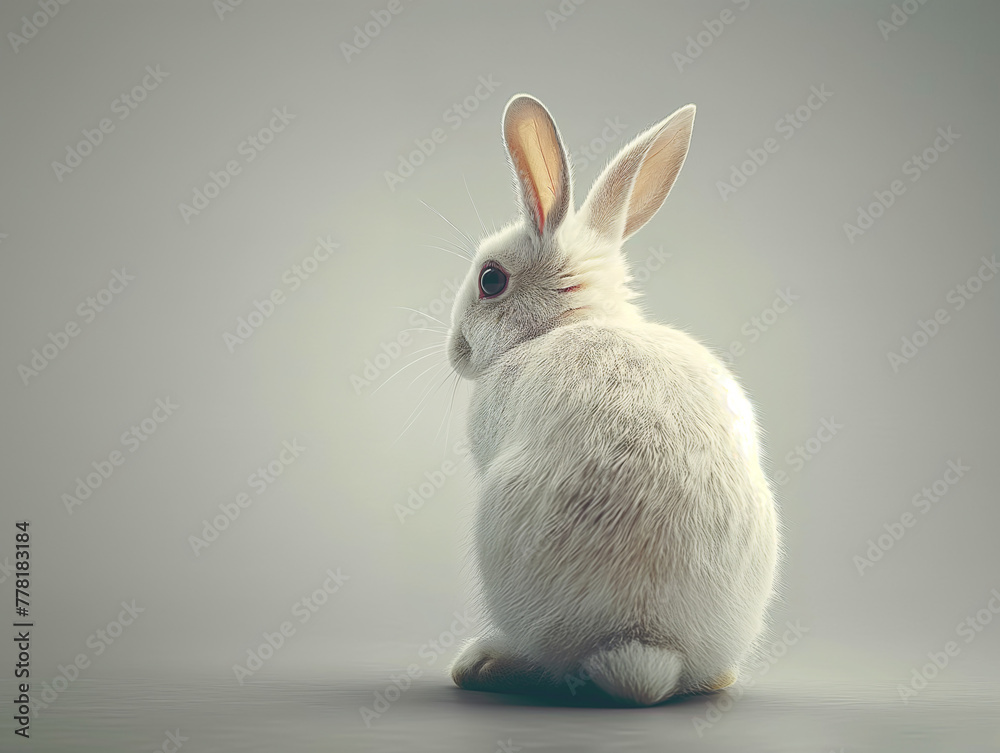 A white rabbit sits, showcasing its fluffy fur and large ears against a grey background.