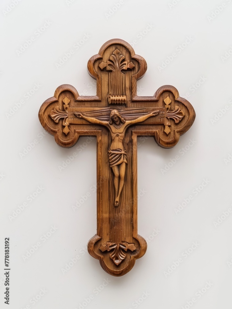  Ornate carved. wooden cross. Christian. Christ. Holy. Religious. Symbol. Church. Faith. White background.
