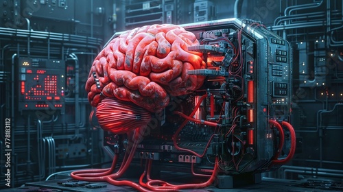 Artistic rendering of a brainshaped computer case, integrating o photo