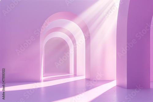 A minimalist room bathed in purple hues with arches and sunlight casting dynamic shadows