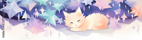 Cat napping under a canopy of pastel origami cranes a serene and cute close-up