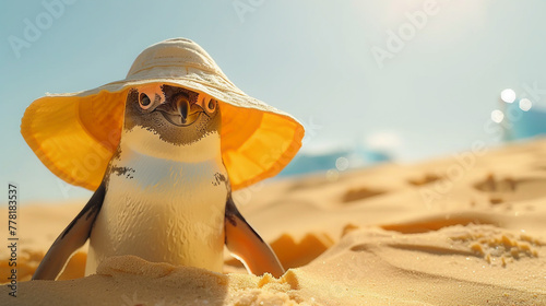 Closeup of a Penguin under a sunshade in the desert mirage of icebergs in the distance watercolor heat photo