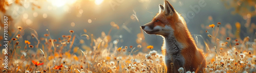 Fox, wildflowers, urban sanctuary, overlooking a bustling city, sunlight, photography, backlights, bokeh effect photo
