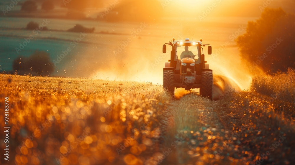 Fototapeta premium Tractor tilling field at sunrise with dust