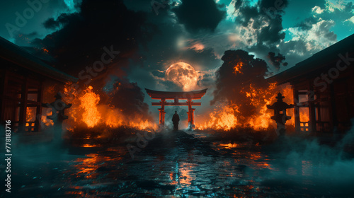 Torii Gate Amidst Fiery Eclipse