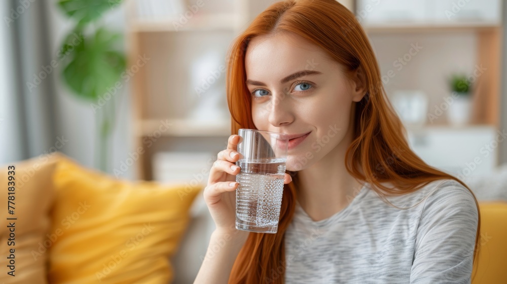 Close-up face of pretty redhead female drinking still water at home. Concept of quench thirst, water balance and weight control, caring of skin and body, hangover relief, body refreshment. Close-up face of pretty redhead female drinking still water at home. Concept of quench thirst, water balance and weight control, caring of skin and body, hangover relief, body refreshment.