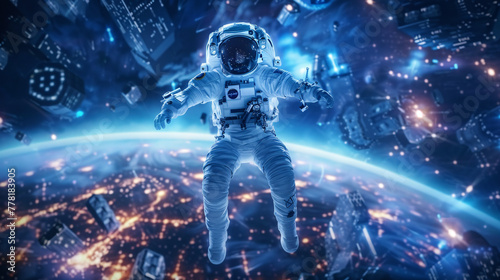 An astronaut floats amidst cosmic debris and illuminated cityscapes, encapsulating a surreal blend of space and urban life.