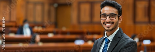 Confident Indian male lawyer wearing a business suit in courthouse background with empty copy space, professional attorney wallpaper, Panoramic format (3:1) photo