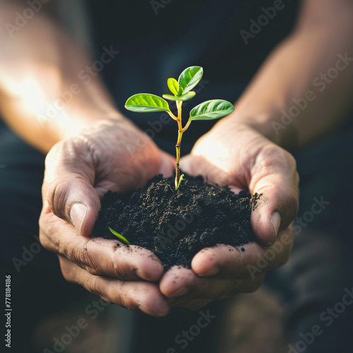 Hands hold soil with a sprouting plant, symbolizing growth and life.