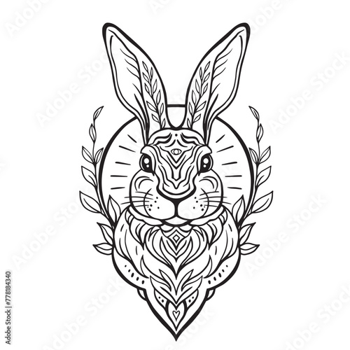 Ink graphic illustration, card with Easter bunny