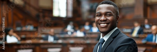 Confident African American black male lawyer wearing a business suit in courthouse background with empty copy space, professional attorney wallpaper, Panoramic format (3:1) photo