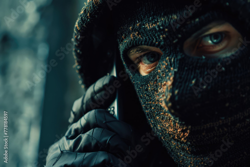 Male swindler in a bandit balaclava talking on a cell phone. Phone fraud, spam, scam, copy space.
