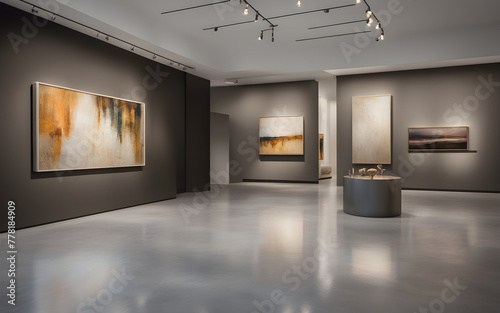 Art gallery interior with with contemporary art pieces
