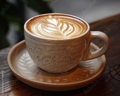 Latte cappuccino cup  intricate cream design  closeup  warm lighting  cozy coffeehouse vibe