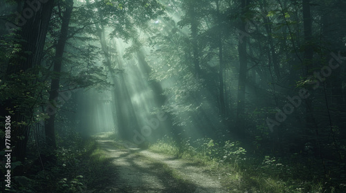 Nature Photography, A serene, foggy forest path with ethereal sunlight filtering through.