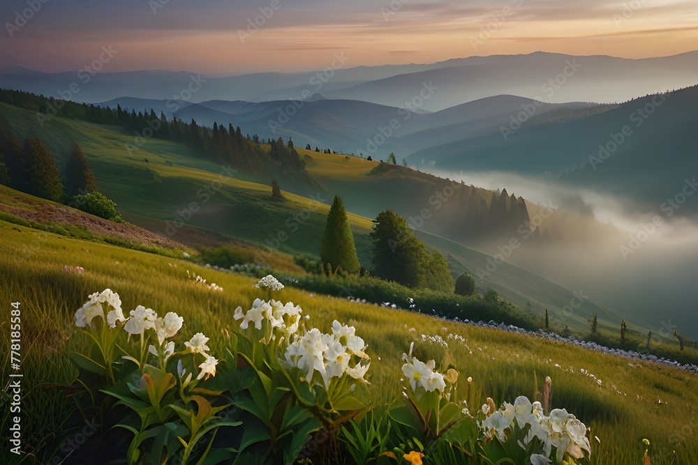 Blooming white flowers in Carpathians. Foggy summer scene of mountain valley. Colorful morning view of Borzhava ridge, Transcarpathians, Ukraine, Europe. Beauty of nature Generative AI - obrazy, fototapety, plakaty 