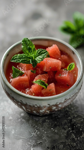 A bowl of vibrant watermelon gazpacho garnished with mint leaves