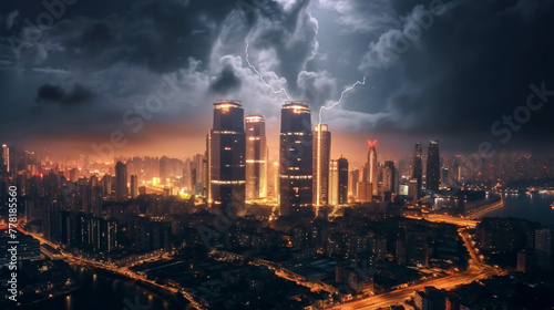  A stormy night cityscape with lightning illuminating towering skyscrapers and a sprawling urban area.
