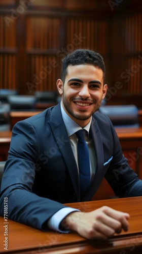 Confident young Arab man lawyer wearing a business suit with a tie in courtroom background, Professional attorney portrait, Vertical format (9:16)