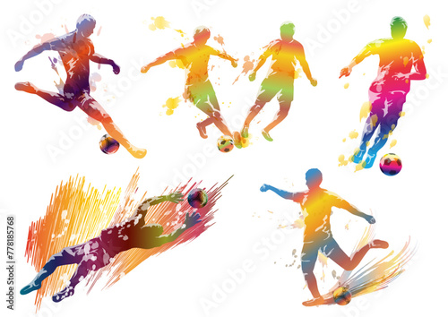 Soccer Players Vector Colorful Silhouette Illustration Set Isolated On A White Background.