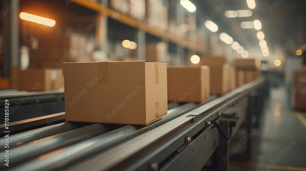 Cardboard boxes are transported on a conveyor belt in a modern warehouse The concept of fast and efficient delivery of goods Cardboard boxes are transported on a conveyor belt in a modern warehouse The concept of fast and efficient delivery of goods