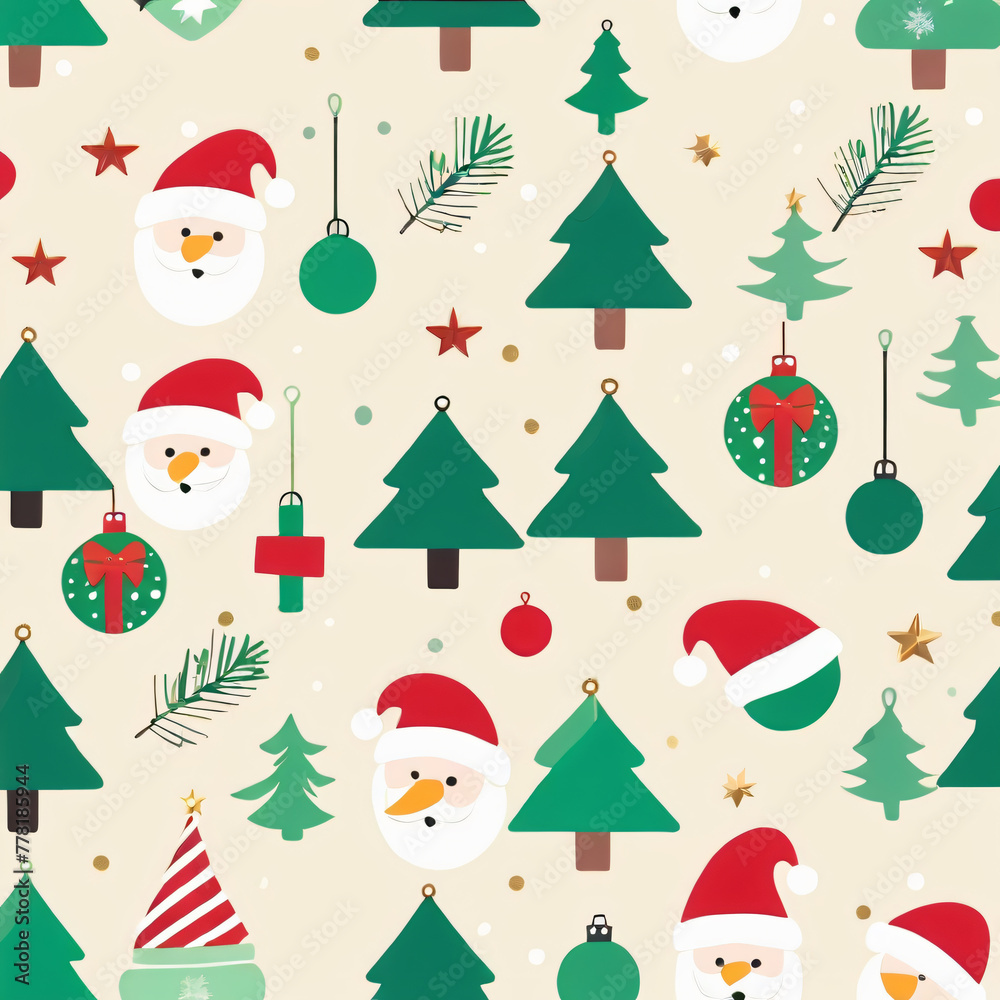 Christmas seamless pattern with Santa Claus, snowman, Christmas tree and gifts