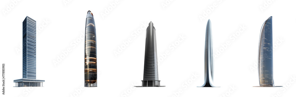 Skyscraper set. Tall, supertall, megatall skyscrapers collection. Isolated transparent PNG background. Concepts based on: bank, property, real estate, smart, residence, residential, corporation, city