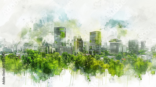 Sustainable Urban Design, Artistic rendering of a green city with eco-conscious architecture.