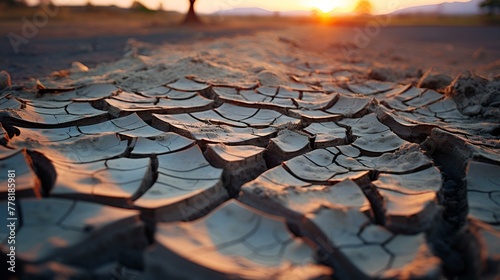  The golden light of sunset casting over cracked earth in a desert landscape. 