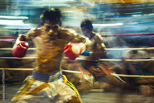 Muay Thai Fight Night in Bangkok Slow Shutter Highlights Fighters Power and Passion