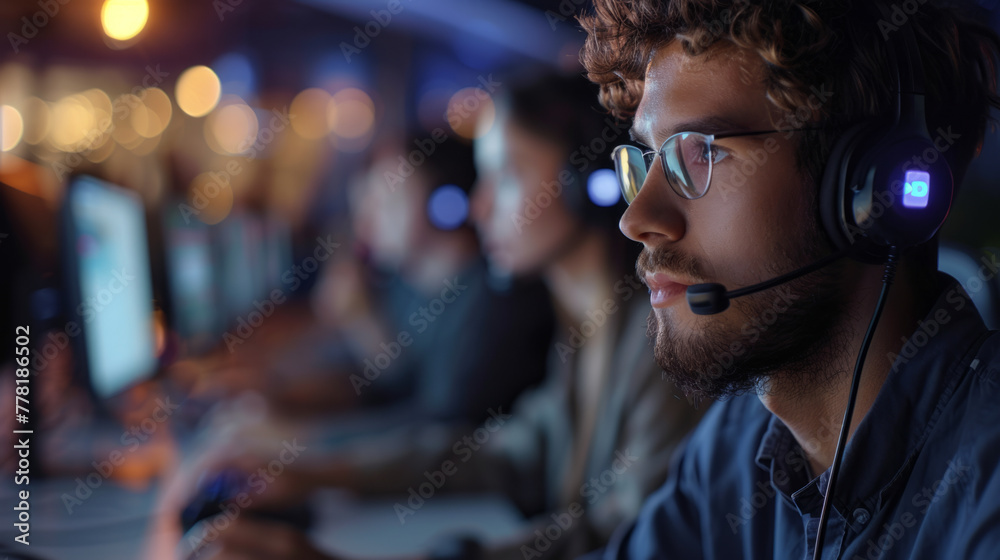Call Center Operations, Focused agents in a dynamic call center offering global customer support.