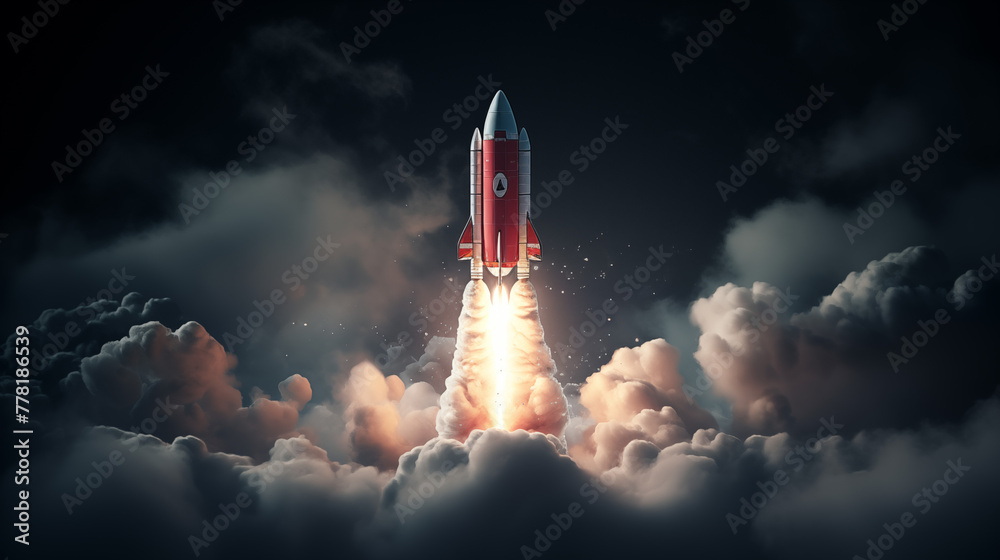 Red Rocket Launching into Space with Bright Flames and Smoke Clouds