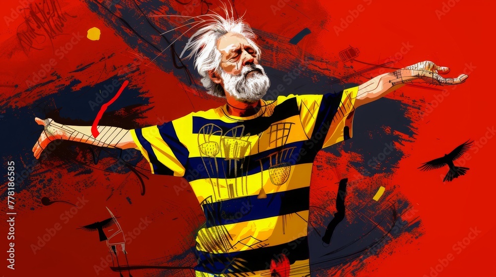 Obraz premium Senior man in colorful clothes dancing hip hop on red background with doodles. Contemporary art collage. Concept of aging, fashion, surrealism, freedom and acceptance. Colorful poster