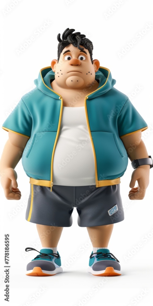3D cartoon character of a fat person standing in sportswear with white background 3D cartoon character of a fat person standing in sportswear with white background