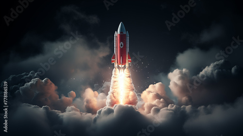 Red Rocket Launching into Space with Bright Flames and Smoke Clouds
