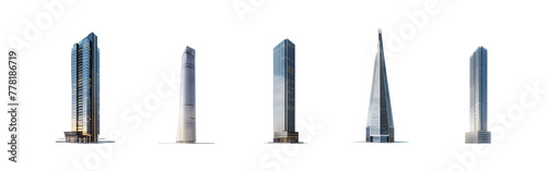 Skyscraper set. Tall, supertall, megatall skyscrapers collection. Isolated transparent PNG background. Concepts based on: apartment, perspective, contemporary, 3d, bank, property, real estate, smart