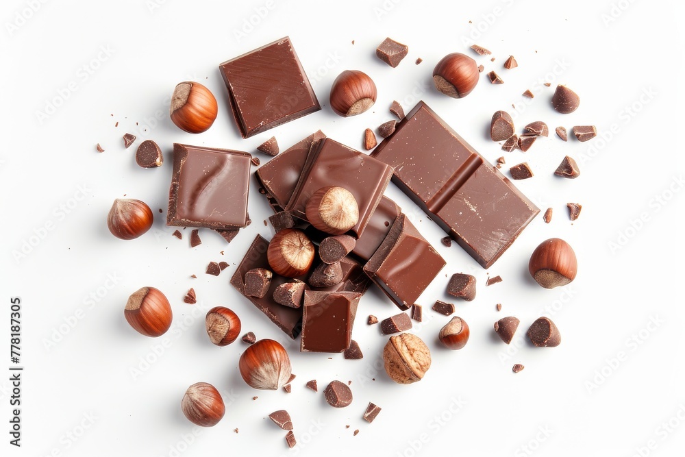 Overhead shot of sumptuous chocolate paste and whole hazelnuts artfully displayed on a bright white base. Overhead shot of sumptuous chocolate paste and whole hazelnuts artfully displayed on a bright white base.