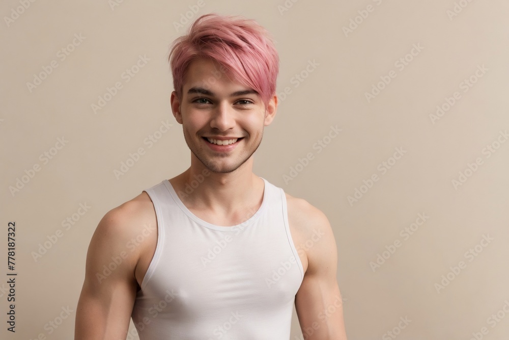 Attractive gay with pink hair wearing a white tank shirt smiling against a beige background with copy space. Attractive gay with pink hair wearing a white tank shirt smiling against a beige background with copy space.