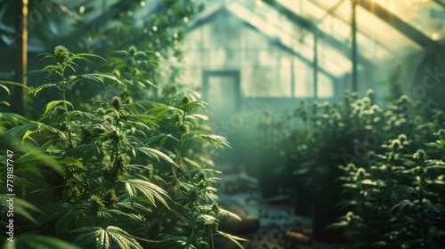 Cannabis Cultivation  A greenhouse with optimal conditions for marijuana farming.