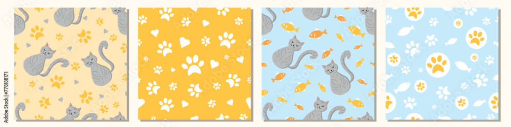 Big set of cats, cats paws and fish textured seamless patterns and card template set. Cats footprints signs texture. Animals concept vector repeatable and printable patterns collection.